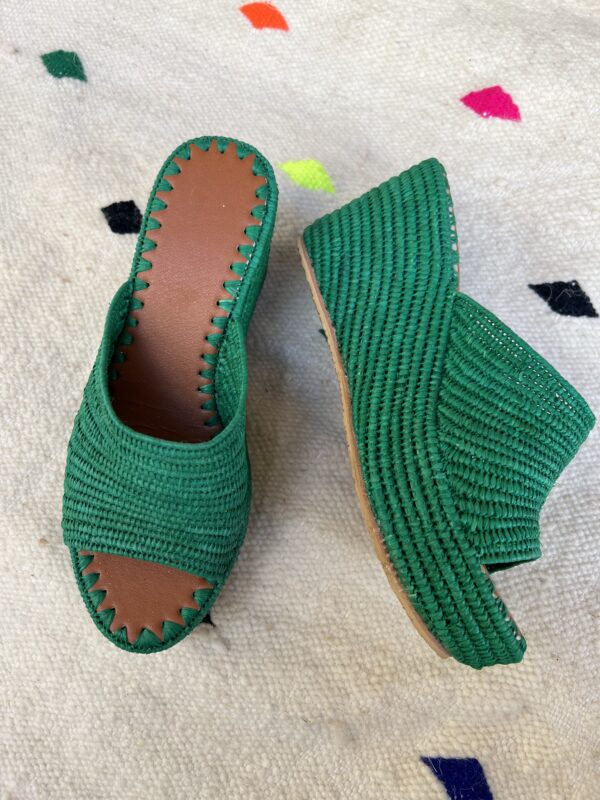 Womens Raffia Open Toe Slide Sandal Platform Wedge Heel Slip-On handmade in morocco - green