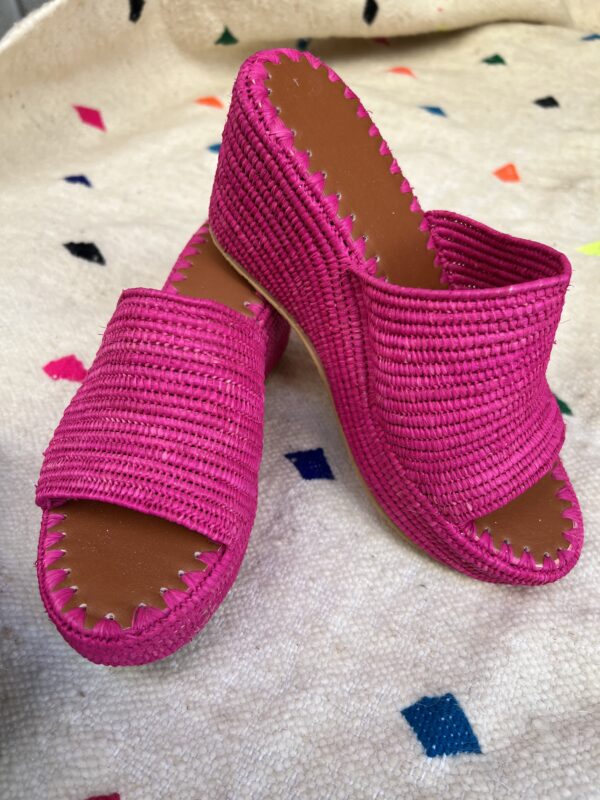 Womens Raffia Open Toe Slide Sandal Platform Wedge Heel Slip-On handmade in morocco - pink